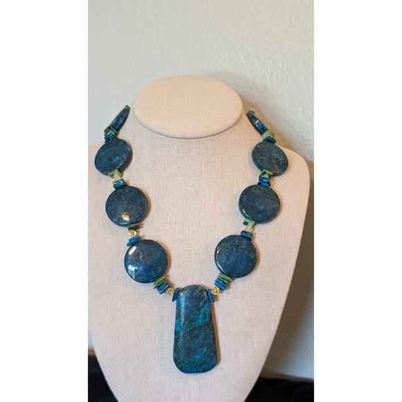 Chunky Heavy Blue Green Stone W/ Silver Toggle Clasp 20" Necklace - Picture 9 of 9
